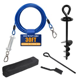 Palaelumen Dog Tie Out Cable and Stake - 30ft Heavy Duty Tether (up to 250 lbs) with Carabiners & 360° Swivel Hook & Shock Spring, Ideal Ground Anchor Kit for Yard, Beach & Camping Outdoors (Black)