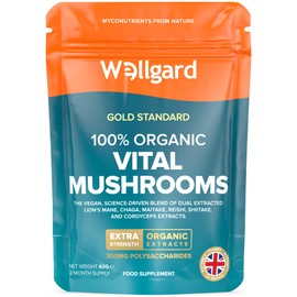Wellgard Organic Mushroom Complex, Vital Mushrooms by Wellgard - Mushroom Powder with Lions Mane, Chaga, Reishi, Cordyceps, Shitake, Maitake, Made in UK