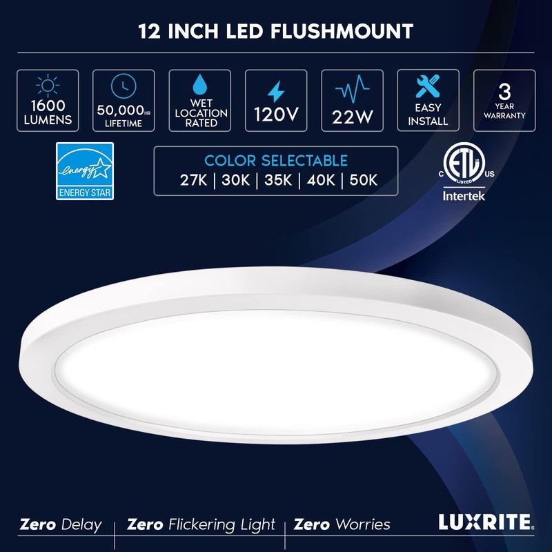 LUXRITE 12 Inch Round LED Flush Mount Ceiling Light Fixture,