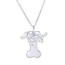 AFFY White Natural Diamond Bone & Dog Pendant Necklace in 14k White Gold Over Sterling Silver (0.1 Ct)
