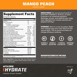 MTN OPS Hydrate Electrolytes Powder Drink Mix, 20 Single Serving On-The-Go Electrolyte Packs with Over 1000mg of Electrolytes per Serving, Mango Peach