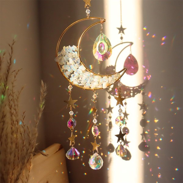 Cnwinu Sun Catcher Crystal, Moon Window Decoration with Chain Pendant Ornament, Crystals for Hanging Window Decoration, Wind Chime for Windows, Bedroom, Car, Home, Garden Decorations (Hourglass Moon