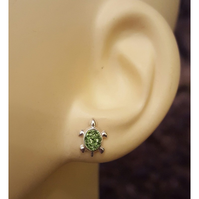Small Turtle Sterling Silver Stud Earrings With Green Crystal Stones
