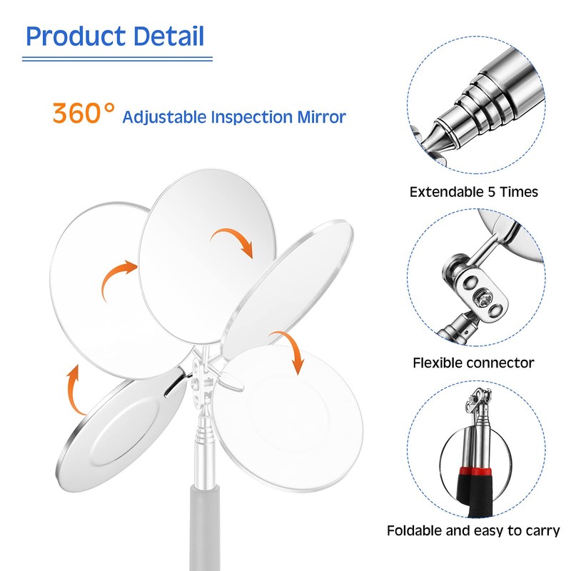 Frienda 2 Pieces Lighted Telescoping Inspection Mirror Flexible Retractable LED