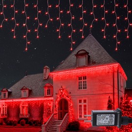 Hopolon 33FT 360L LED Christmas Icicle Lights Outdoor Waterproof,8 Modes Plug in Curtain String Lights with 60 Drops,Christmas Lights for Wedding,Party,Bedroom,Home,Garden,Wall Decorations(Red)