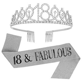 SUSSURRO "18 and Fabulous Sash and Rhinestone Tiara Set,18th Birthday Gifts Birthday Sash for Women Birthday Party Supplies( Silver)