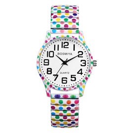Oidea Womens Stretch Band Watches: Large Number Easy Reader Elastic Strap Watch Floral Printed Analog Quartz Bracelet Watch Casual Ladies Wristwatches, Colored Dots