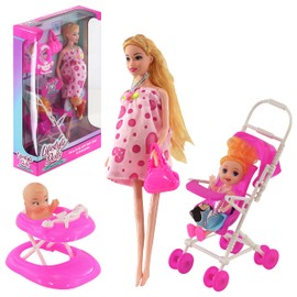 The Magic Toy Shop 11" Pregnant Doll with Little Girl in a Stroller & Newborn Baby Doll in a Walker