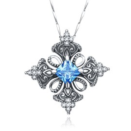 Merthus Antique 925 Sterling Silver Created Blue Topaz Irish Celtic Cross Pendant Necklace for Women,18"