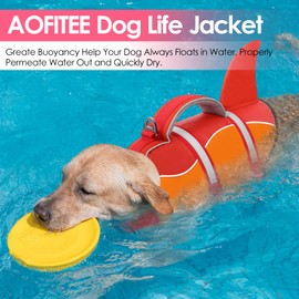 AOFITEE Dog Life Jacket, Dog Life Vest for Swimming, Shark Dogs Swimming Vest with Rescue Handle and Reflective Stripe, Ripstop Pet Float Coat Swimsuit Lifesaver Small Medium Large Dogs Orange M