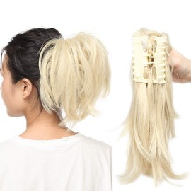 12 Inch Ponytail Claw On Hair Extensions Messy Style Bendable Hairpieces Curly Wavy Heat-Resisting - Bleach Blonde(Weight:95g)