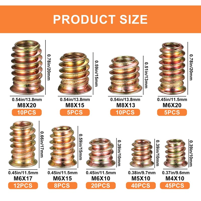 Threaded Inserts for Wood, 155 Pcs Threaded Insert Nuts, M4