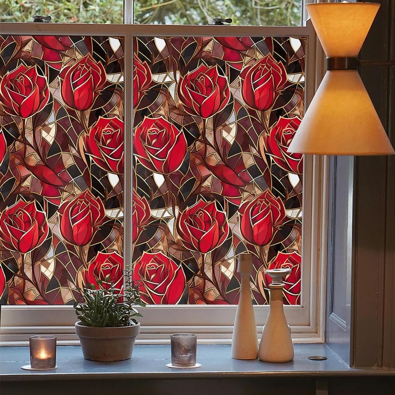 Modern Gold Red Rose Flowers Stained Glass Window Films Decorative