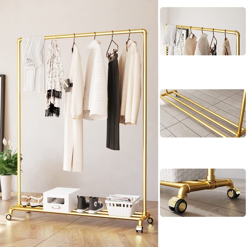 DR.IRON Gold Pipe Clothing Rack Garment Rack with Bottom Shelf