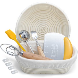 IKOCO Sourdough Starter Kit Include 9 Inch Round & 10 Inch Oval Banneton Bread Proofing Basket with Bread Lame, Dough Scraper, Dough Whisk, Silicone Brush, Flour Sifter, Storage Bag