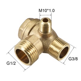 sourcing map Air Compressor Check Valve, 3/8PTx1/2PTxM10 Male Thread, 3 Way Pneumatic Accessory, Brass 2pcs