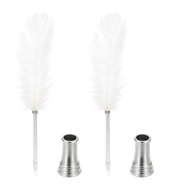PATIKIL Feather Ballpoint Pen, 2 Pcs 0.5mm Fluffy Vintage Ink Quill Pen Refined Plated Rod Quill Pen with 2 Pcs Stand Holder for Calligraphy Writing Signature Guest Wedding Gift, White