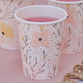 Ginger Ray Pink Floral Paper Birthday Cups Party Tableware 8 Pack, Pastel