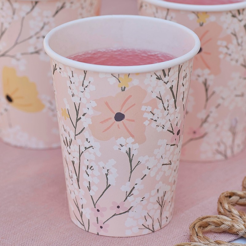 Ginger Ray Pink Floral Paper Birthday Cups Party Tableware 8