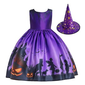 Ansimple Halloween Costume, 2-Piece Set, Dress + Hat, Devil, Witch, Cute, Dress, Children's Dress, Girls, Events, Parties, Christmas, Costume, Recitals, Performances, Purple, 51.2 inches (130 cm)