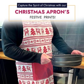 Ragged Rose Christmas Apron - Cotton Apron for Cooking & Dishwashing with Neck Strap, Large Front Pocket, & Long Ties - Kitchen Gifts for Women & Men Nordic Christmas Red Apron - 85 cm x 68 cm