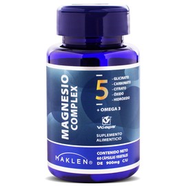 🔋🧠Maklen Magnesio Complex 5 | Glicinato, Carbonato, Citrato, Oxido e Hidroxido + Omega 3 | 60 Capsulas Vegetales V-Caps® de 900 mg | Apoya Energia, Relajacion Muscular y Sueño
