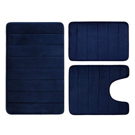 Buganda Memory Foam 3 Pieces Bathroom Rugs Set - Thick Soft Absorbent Non-Slip Bath Mats, Washable Small/Large/ Contour Bath Rugs, Navy Blue