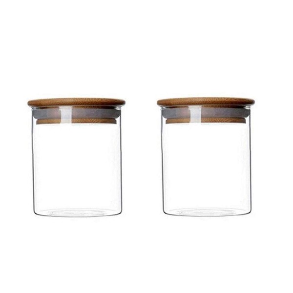 2 Piece Clear Glass Canister Food Storage Jar with Airtight Wood Lids Air Tight Storage Containers for Coffee Bean Loose Leaf Tea Containers Sugar Cookies Dry Fruit Nuts Candy Jars Size 250ML/8.5oz