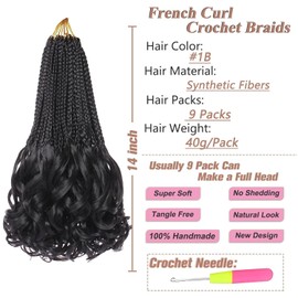 14 Inch French Curl Crochet Braids 9 Packs Natural Black Goddess Box Braids Crochet Hair Pre Looped Synthetic Bohemian Crochet Box Braids Curly Ends for Women