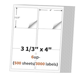 3 1/3" x 4" (500 Sheets) Address Labels, Labels Sticker Paper for Laser/Ink Jet Printer, Printable and Writable White Sticker Labels- Matte, 6 per Page Labels (Total 3000 Labels)