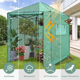 PexFix 8'x 8' Portable Walk-in Greenhouse for Outdoor & Indoor, Easy to Assemble Pop up Grow Greenhouses with Sturdy PE Cover and Roll-Up Windows & Door for Flowers, Fruits, Herbs Growing