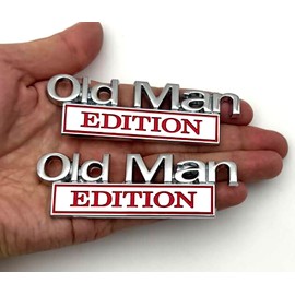 2pcs Metal Old Man Edition Emblem 3D Badge Fit for Universal Car Truck SUV Side Rear Front Hood Trunk Door Decal Sticker (Silver Red)