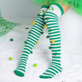 CanB St. Patrick's Day Thigh High Stockings Green Over Knee High Socks Shamrock Striped Knee Long Stockings Irish Costume (Nylon, F)
