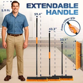 DSV Standard 18’’ Push Broom Outdoor Heavy Duty with 59.4’’ Long Handle, Industrial Broom with Stiff Bristles, Floor Broom for Cleaning Patio Garage Shop Deck Concrete Wood Stone Tile Floor