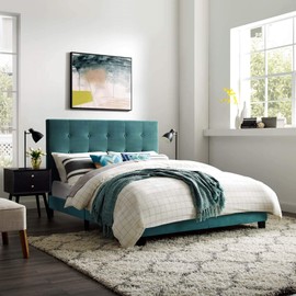 Modway Melanie Performance Velvet Upholstered Tufted Full Platform Bed in Sea Blue