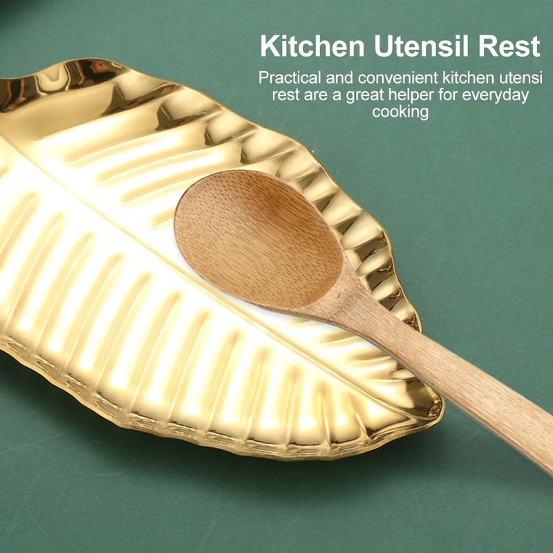 Gold Spoon Rest for Kitchen Counter, Stainless Steel Leaf Spoon