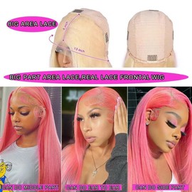 28 Inch Pink Lace Front Wig Human Hair Straight Wear and Go Glueless Hot Pink Wigs Human Hair Pre Plucked with Baby Hair Colored Pink Red 13x4 HD Transparent Lace Frontal Wigs For Black Women