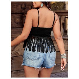 SOLY HUX Women's Plus Size Fringe Studded Western Top Deep V Neck Sleeveless Cowgirl Camisole Tops Solid Black X-Large Plus