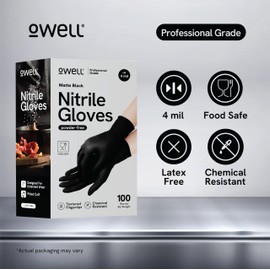 OWELL® Black Nitrile Gloves X-Large – 100ct | Food Prep Disposable Gloves | Powder-Free, Latex-Free, Heavy-Duty, 4 Mil, Textured Grip, Food Safe