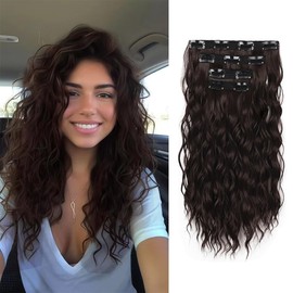 XFSRG 4PCs Clip in Extensions Wellige Clip in Haarverlängerungen Natürliches Synthetik Gewellt Haarteil Haarextension für Damen 35 cm (Dunkelbraun)