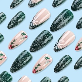Christmas Press on Nails Medium Almond False Nails Green Fake Nails with Xmas Holly Leaves Design Glitter Glue on Nails Snowflake Acrylic Nails French Tip Stick on Nails for Women 24Pcs