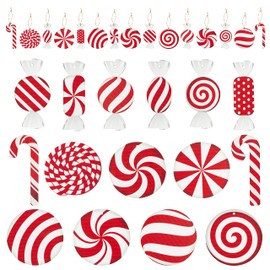 WATINC 46pcs Christmas Red and White Candies Swirl Wood Ornaments Decorations Xmas Party Candy Cane Gift Tags Hanging Wooden Slices Hang Pendant Crafts for Tree Home Wall Holiday Favors Supplies Decor