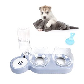 Triple Dog Cat Bowls,15°Tilt 3- in- 1 Water Feeder Bowls Cat Double Food Bowls with Automatic Water Bottle Bowl,Removable Cat Wet and Dry Food Bowl Set for Small Cat and Puppy (Lead White)