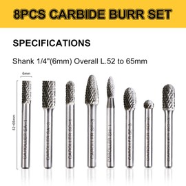 CaRoller Carbide Burr Set, 1/4" Shank 8PC Double Cut Die Grinder Rotary Tool Cutting Burrs Set for Metal and Wood Working Carving, Engraving, Polishing, Grinding with Portable Round Storage Case