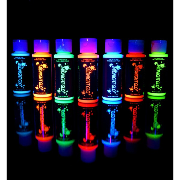 Midnight Glo UV Neon Face & Body Paint Glow Kit (7 Bottles 2 oz. Each) Black Light Reactive Fluorescent Paint - Safe, Washes Off Skin, Non-Toxic