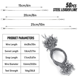 Alwonder 50-Pack Fishing Leaders, Fish Line Stainless Steel Wire with Swivel Snap, High-Strength 30LB Hi-Low Rig Fishing Wire Leader Fishing Tackle Gear Connector for Lures Baits Rigs Hooks Silver10IN