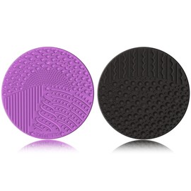2 Pieces Silicone Makeup Brush Cleaner, YalsFTY Cosmetic Brush Scrubber Mat Pad Cleaning Tool, Dual-Sided Functionality to Accommodate All types of Brushes, Powder Puffs and Sponges (Black & Purple)