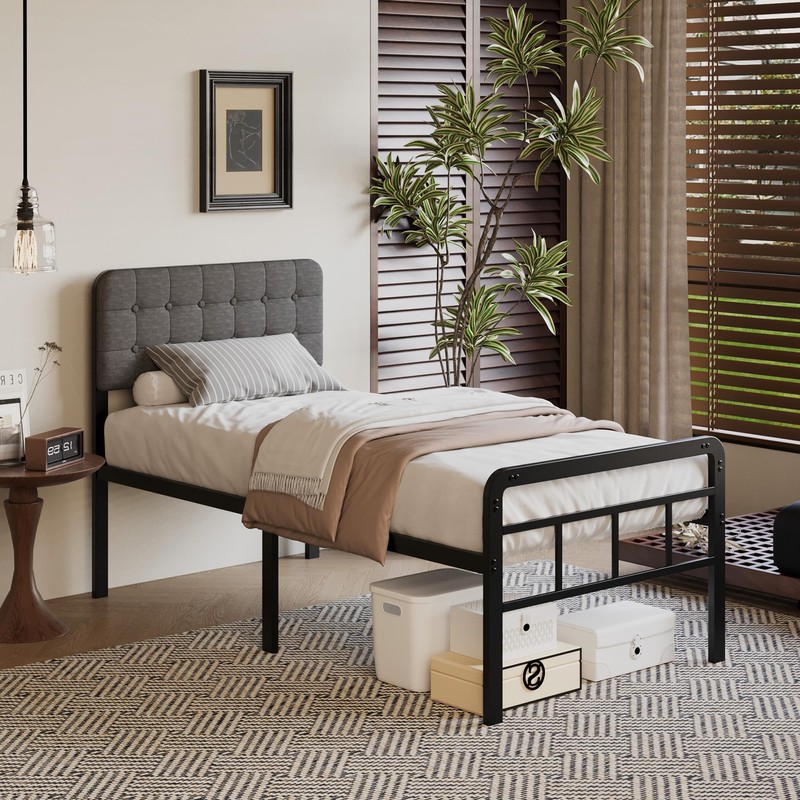 Fly-CTsoar 18 Inch Twin Bed Frame with Upholstered Headboard and