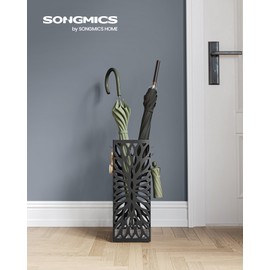 SONGMICS Umbrella Stand, Umbrella Holder for Entryway, Steel Square Umbrella Rack Organizer Freestanding, for Canes Walking Sticks, with a Detachable Drip Tray, 4 Hooks, Black ULUC026B33