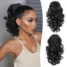 12 Inch Black Ponytail Extension - Soft Curly Pony Tail Hair Pieces for Women, Claw Clip Ponytail Hair Extensions, Natural Short Clip in Ponytail Hair Extensions (Color: Black)